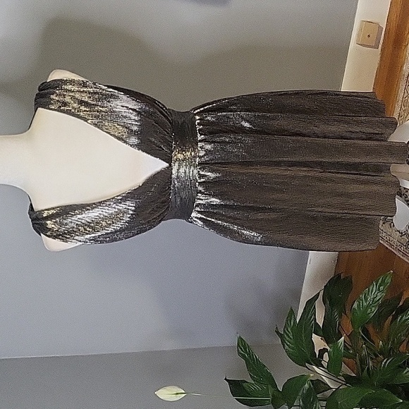 MNG Mango Textured Deep V Neck Pockets Lined Silver Metallic Mini Dress Sz 2 - Picture 4 of 16